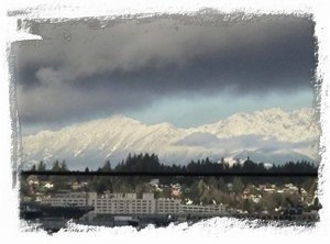 View of the Olympic Mountains & Bremerton from inside or from the deck