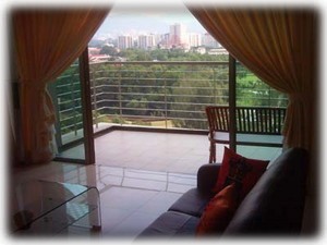 Looking through the living room, onto the balcony & out to the park.