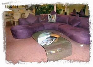 Living Room: Spacious, contemporary ultrasuede couch w/ Cable TV, DVD, VHS & CD 