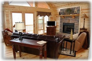 Great room with remote start fireplace and fine leather furnishings
