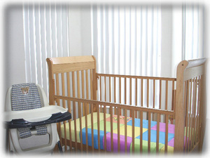 Wooden crib, linen, highchair