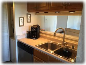New countertops & sink in kitchen. Note washer/dryer in closet & dishwasher.