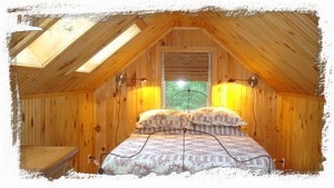 Full sized bed in loft with ventable skylights and knotty pine paneling.