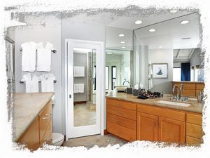 Master bath with stone counter tops.