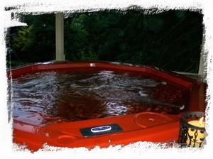 Hot tub perched on deck overlooking yard of many trees & flower gardens.