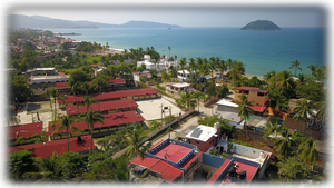 Aerial view looking out to the bay