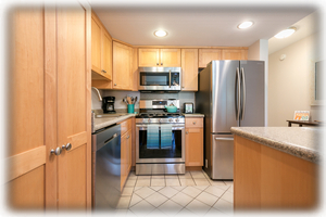 Our kitchen is outfitted for a chef with brand new stainless appliances, cookwar