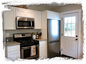 New Stainless Steel Appliances in Kitchen with Side Door Leading to Side Yard
